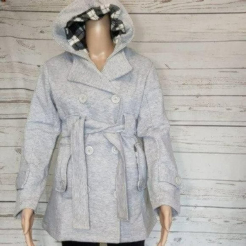 Fleece Jersey Belted Hooded Pea Coat XS - Picture 2 of 4